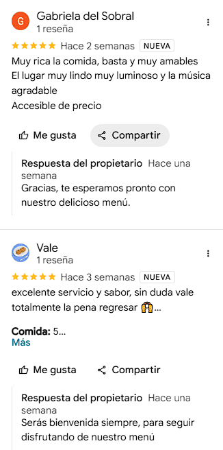 Reseñas positivas con respuesta del negocio